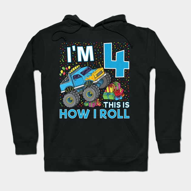 4th Birthday Monster Truck Party Gift 4 Year Old Boy Hoodie by silentsoularts